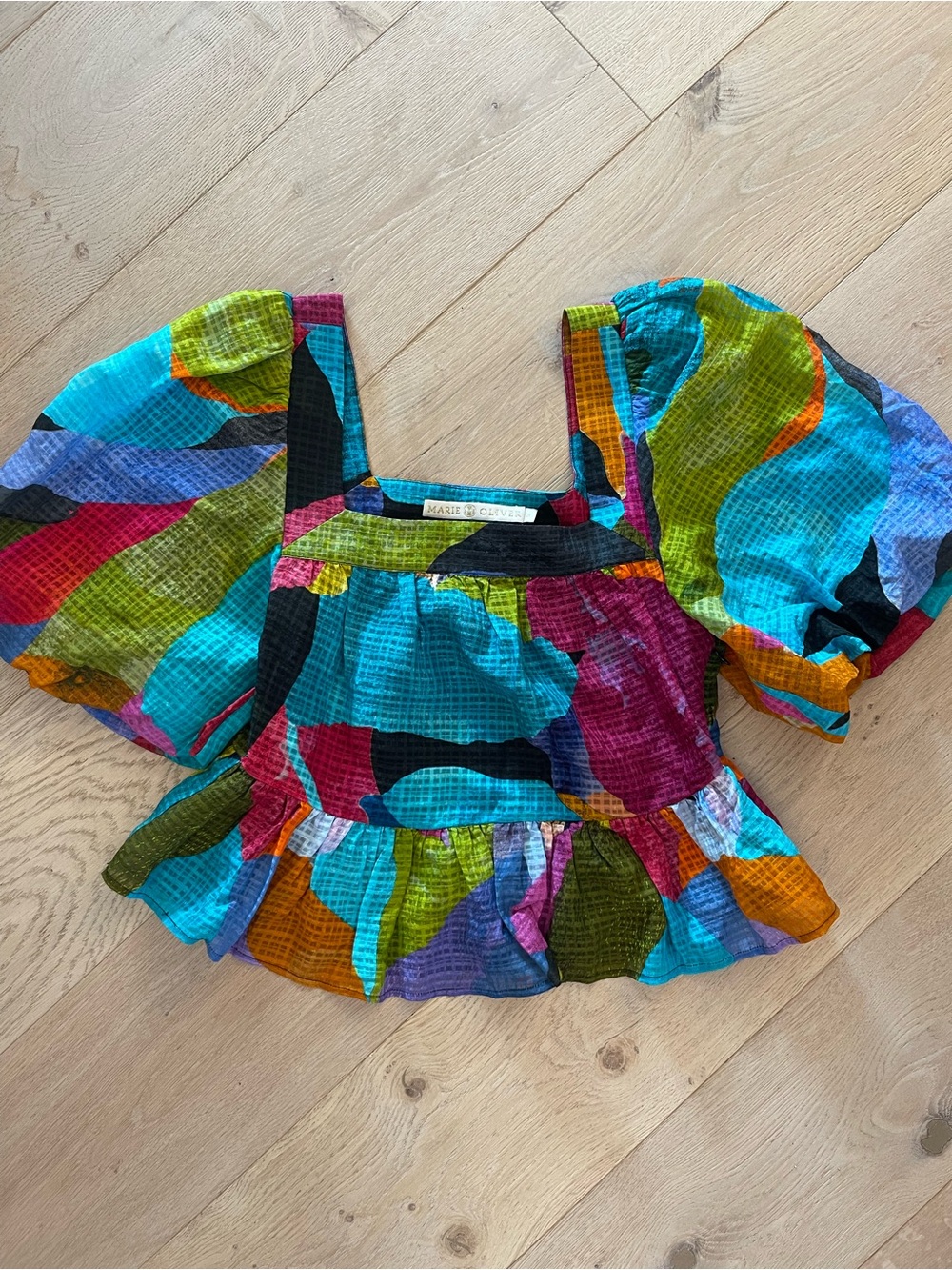 MARIE OLIVER Multicolor Abstract Puff Sleeve Ruffled Crop blouse XS